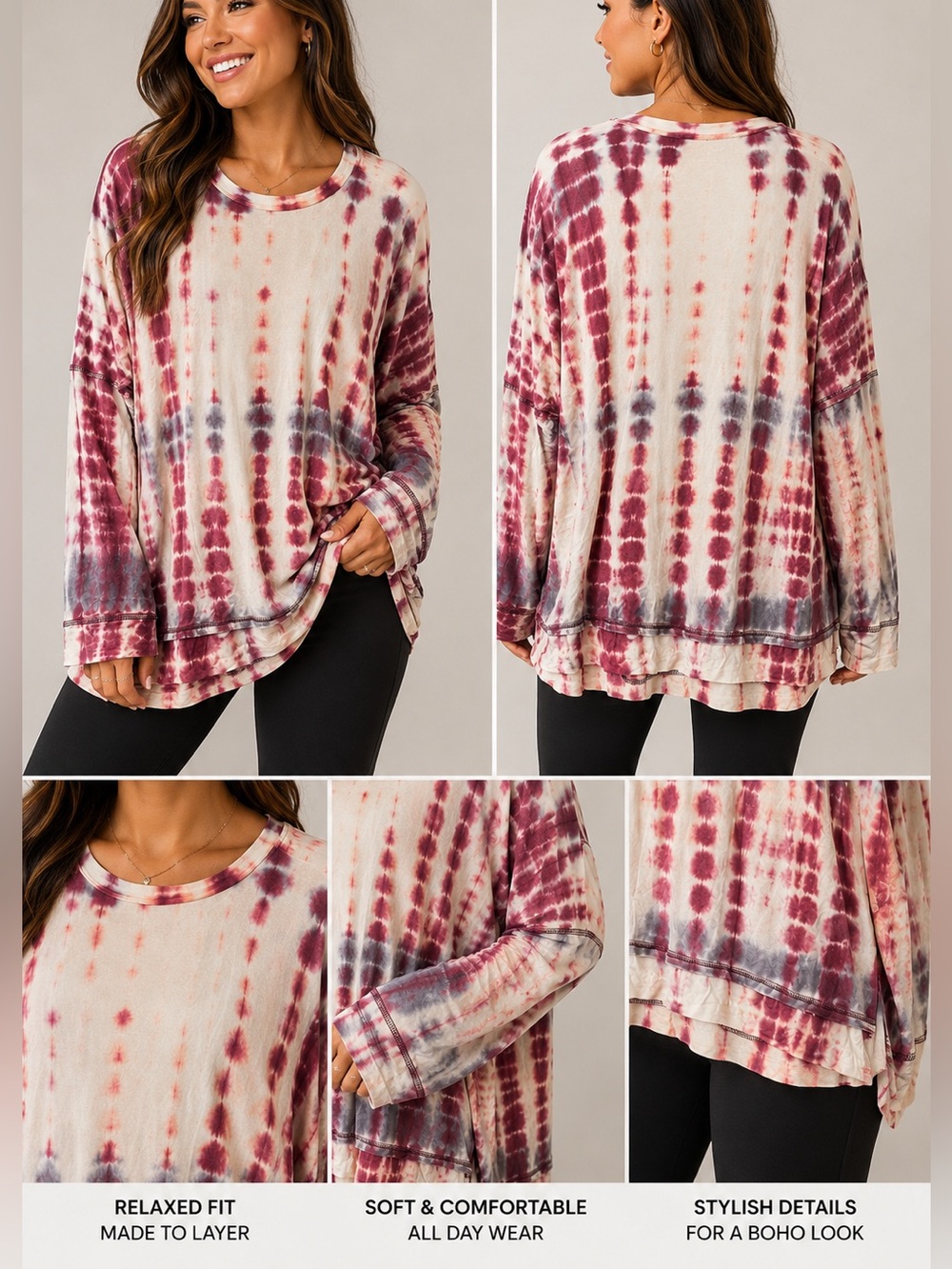 Kelly Renee Boho Tie-Dye Long Sleeve Top - Wine/Cream SIZE XXL NEW WITH TAGS